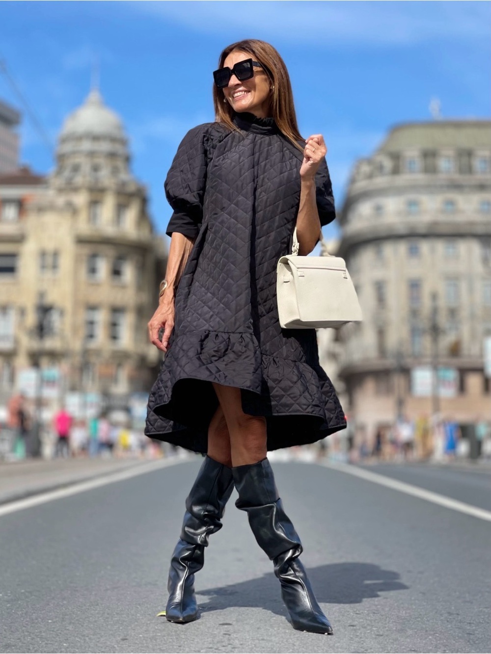 MARIELLE Almedo Black Quilted A-Line Dress with Puff Sleeves